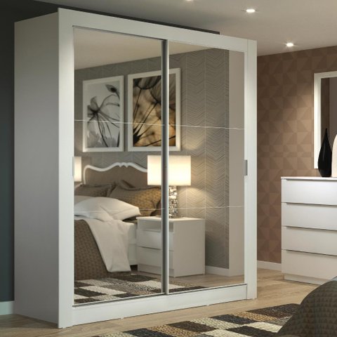 Guarda-Roupa Solteiro Madesa Dallas 2 Portas de Correr de Espelho 2 Gavetas Branco Cor:Branco