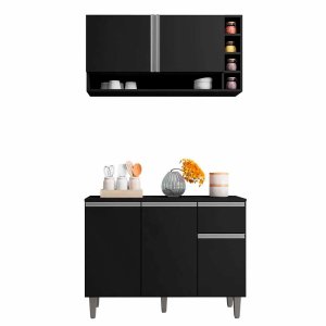 Balcão de Pia e Aéreo Cozinha Vanessa 105cm Preto sem Tampo Ajl Móveis