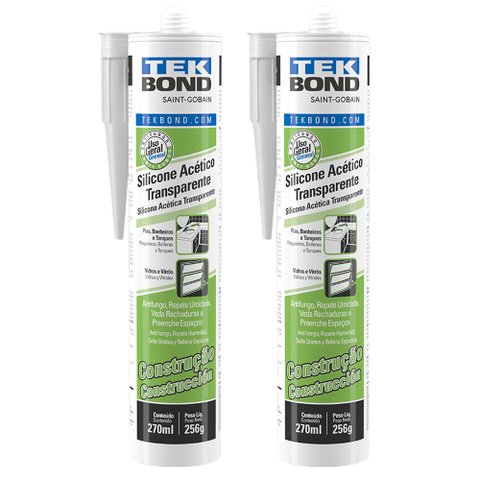Kit com 2 Tubos de Silicone Incolor 256g Vedação Perfeita para Pia Louça Box Banheiro - Tekbond