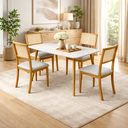 Ver imagem 1 de Conjunto Mesa Rubi + 4 Cadeiras Rubi – Design Moderno em Madeira com Linho Bege e Vidro Off White