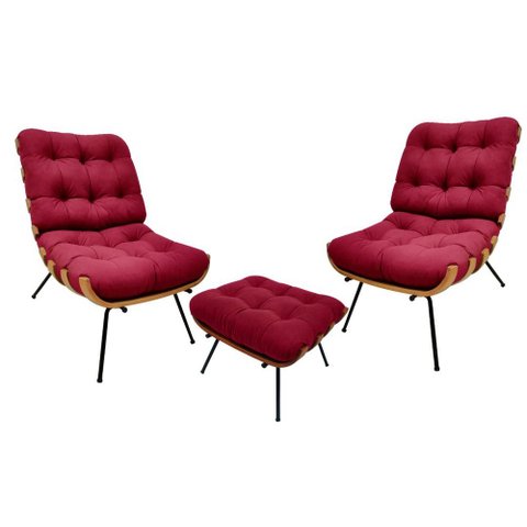 Kit 02 Poltronas e 01 Puff Costela Suede Vermelho