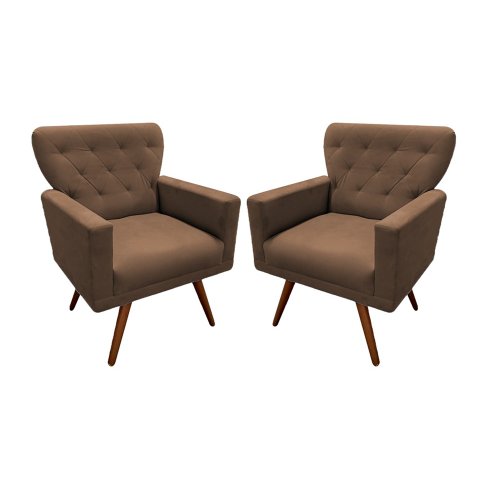 Kit 2 Poltronas Decorativa Aurora Suede Marrom Pés Madeira Mz Decor