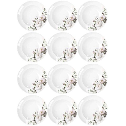 Jogo 12 Pratos Fundos Redondos 23cm Garden em Porcelana com Estampa Floral Germer