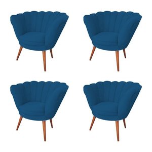 Kit 4 Poltronas Decorativa Pétala Clínicas e Base Madeira Maciça Estofado Veludo Azul - Azul