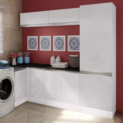 Kit Área de Serviço Madesa Acordes 100% Mdf com Armário e Balcão de Canto - Portas Branco Brilho