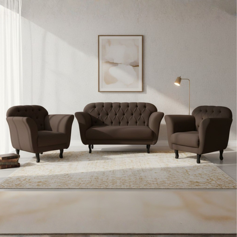 Kit Namoradeira + 2 Poltronas Decorativa Dália Veludo Marrom