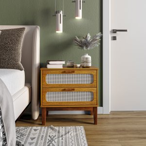Mesa de Cabeceira para Quarto Estilo Retro 2 Gavetas C/telinha Santorini 60cm Nature Fosco
