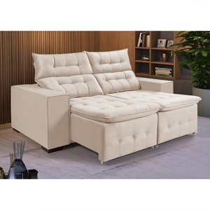 Sofá Retratil Reclinável 3 Lugares Pillow em Veludo Tamanho 1,90 Marfim