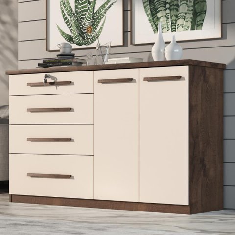 Comoda Mariah 4 Gavetas 2 Portas com Chave Chocolate/off White