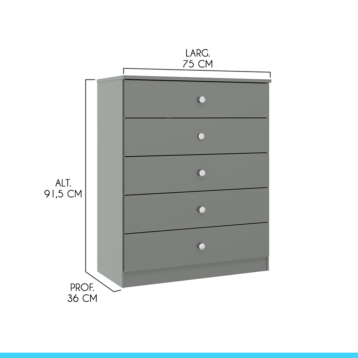 Cômoda Grande para Quarto 5 Gavetas 75x91cm Cinza 6505 - 4