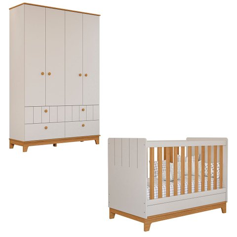 Conjunto de Berço e Roupeiro Biscoito 4 Portas e 4 Gavetas Off White/Nature