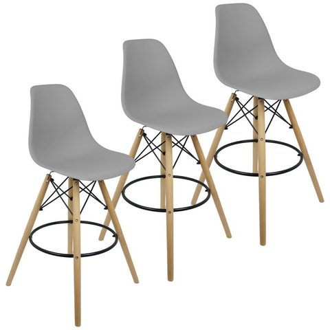 Kit 3 Banquetas Charles Eames Eiffel Wood Design Base Fixa Madeira - Cinza