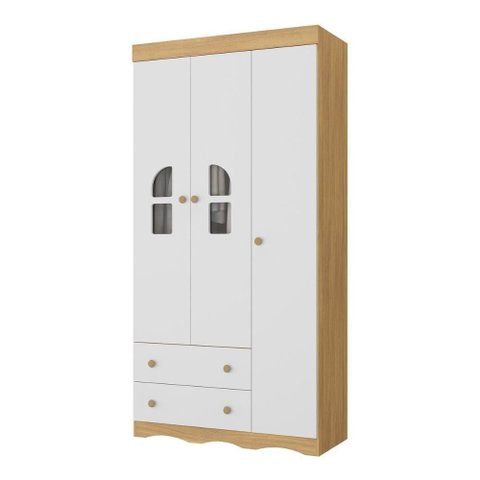Guarda-roupa Infantil 92cm com Vidro 3 Portas e 2 Gavetas Liz Multimóveis Mp4513 Madeirado/branco