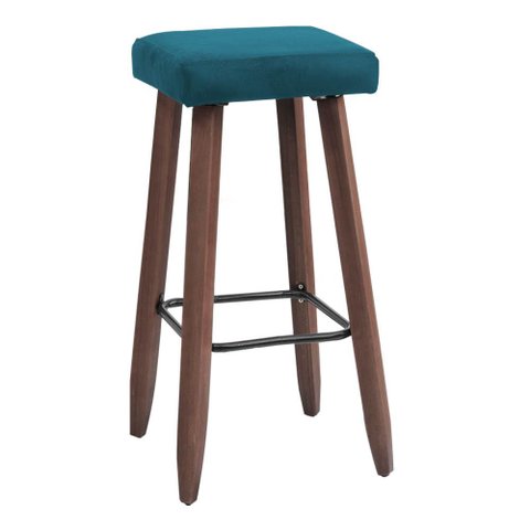 Banqueta Alta Kiara Estofada em Suede com Pés em Madeira - Azul Turquesa
