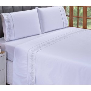Lençol Padrão Casal 400 Fios Floral Branco e Cinza 4 Pçs