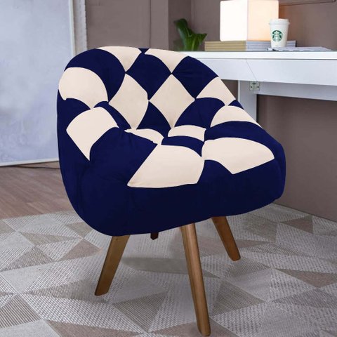 Poltrona Paloma Escritório Sala Giratória Madeira Suede Azul Marinho e Suede Bege - Dominic Decor