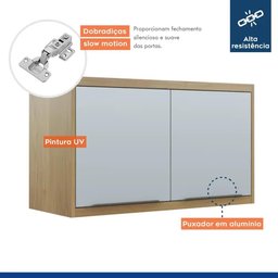 Armário Aéreo Suspenso Para Cozinha 2 Portas MDF Organizador Multiuso Marrom Madeira Off White - 7