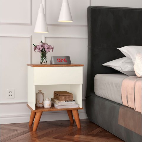 Mesa de Cabeceira Duda Criado 1 Gaveta Pés Retro Off White/Freijó