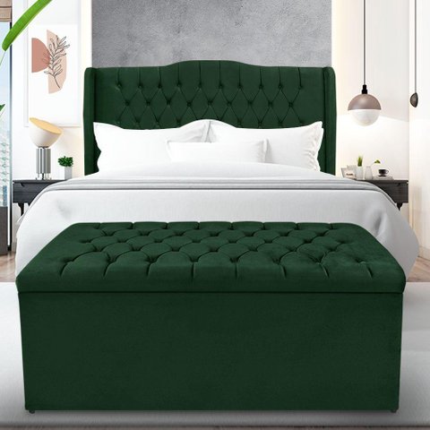 Kit Cabeceira e Calçadeira Baú Dubai Casal 140 Cm - Veludo Verde