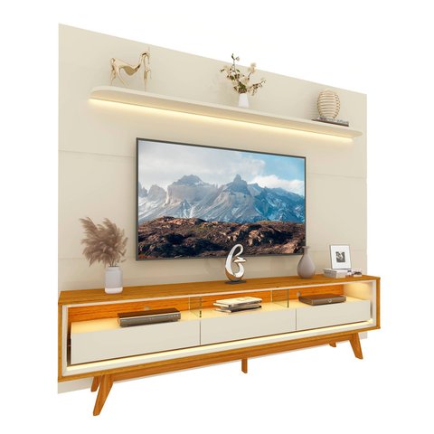 Rack com Painel Royal/requinte 2.2 C/pés Madeira Off White com Naturale - Gelius Móveis