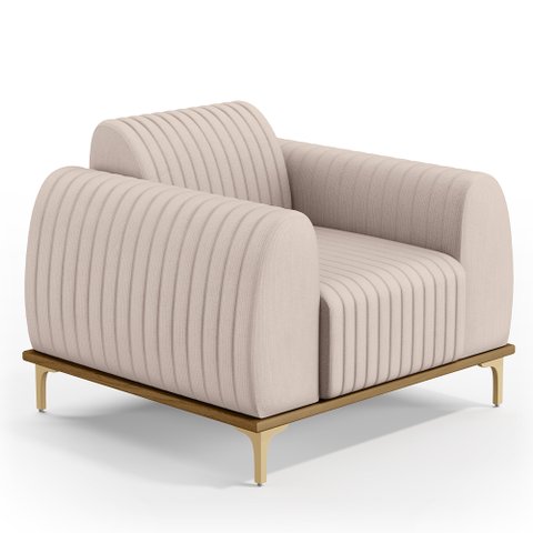 Poltrona Decorativa Base De Madeira Pés Metalizado D'Ouro Molino D02 Veludo Bege C-309 - Lyam