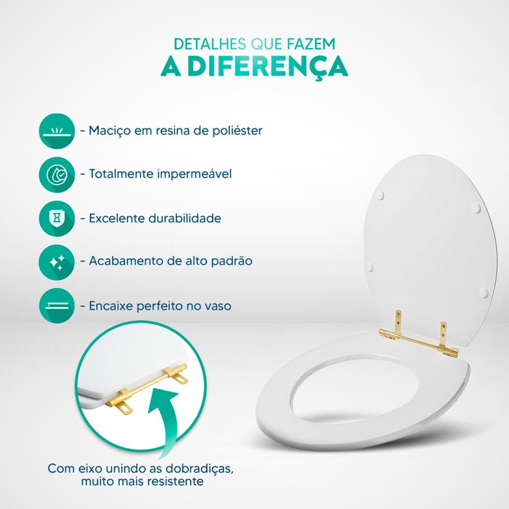 Assento Sanitario Poliéster Convencional Oval Rosa Floral para Vaso Deca com Ferragem Dourada - 5