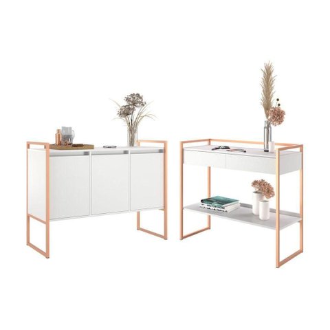 Conjunto Buffet e Aparador Villa do Cedro Industrial 3 Portas 1 Gaveta MDP 120cm Brancocobre Plata
