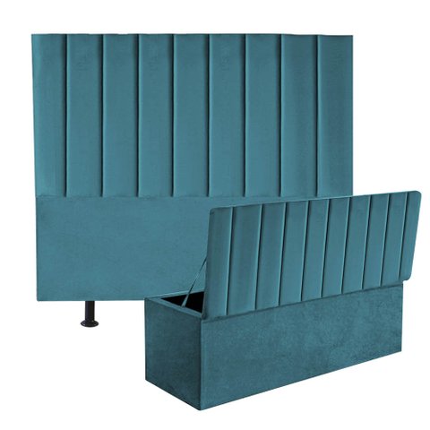 Kit Cabeceira e Calçadeira Baú Casal 140cm Carla Suede Azul Turquesa - D A DECOR