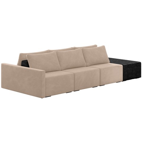 Sofá Ilha Modular para Sala 312cm com Puff Dublin K01 Veludo Bege e Sintético Preto - Lyam Decor