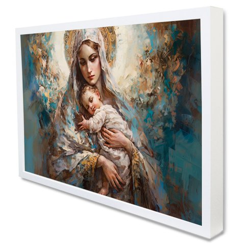 Quadro Decorativo Virgem Maria em Moldura Caixa Tacolado Moldura Caixa 3cm Branca com Vidro 80 X 120