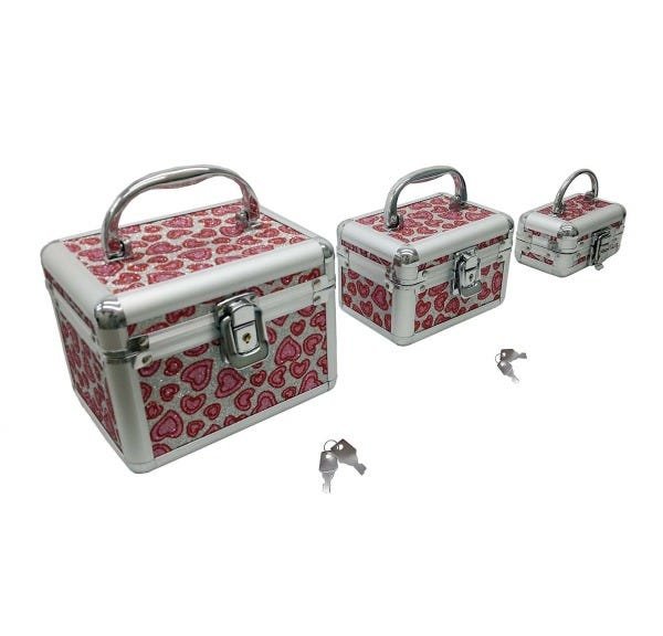Kit 3 Maletas Alumínio Espelho Porta Joia Bijuteria Chaves Rosa - 4