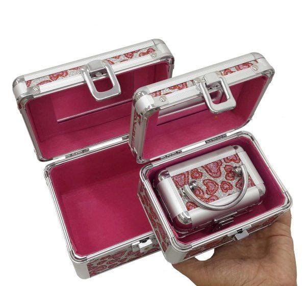 Kit 3 Maletas Alumínio Espelho Porta Joia Bijuteria Chaves Rosa - 2