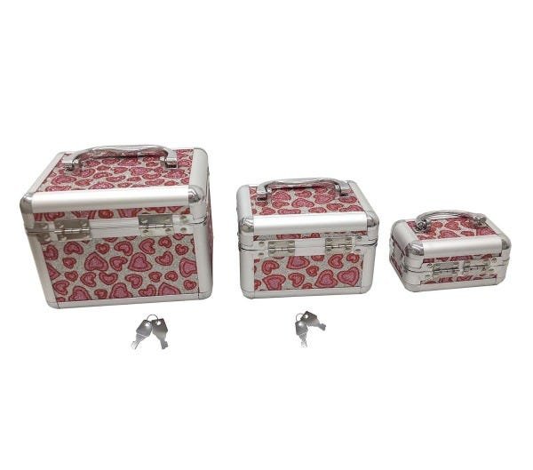 Kit 3 Maletas Alumínio Espelho Porta Joia Bijuteria Chaves Rosa - 1