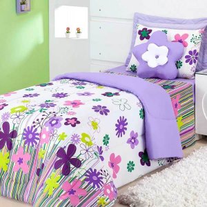 Edredom Solteiro Estampado Garden 3 Peças com Almofada - Lilás
