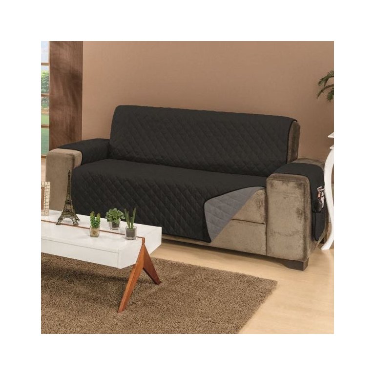 Protetor de Sofá Dupla Face Padrão 3 Lugares Microfibra - Preto/Cinza