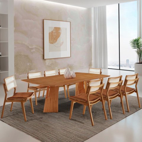 Sala de Jantar Mesa Florida 220cm Tampo Laminado Barril e 8 Cadeiras Eva Premium Moderna Mobília