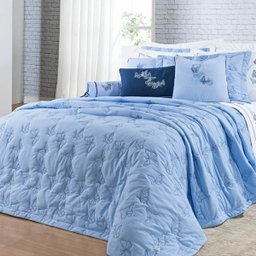 Cobre Leito Super King Bordado Algodão Percal 200 Fios - Yandra 3 Peças Azul - 1