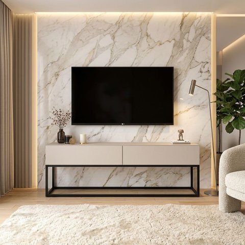 Rack para Sala Estilo Indutrial com 2 Gavetas Offwhite/Preto
