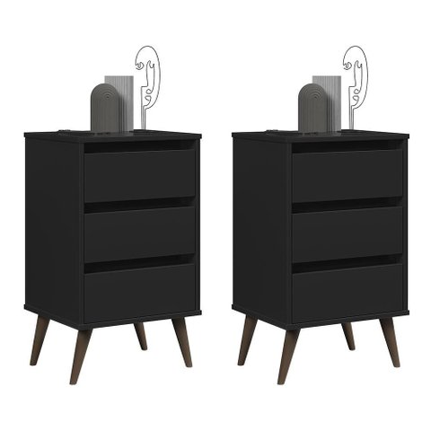 Kit 2 Mesa de Cabeceira Retrô Wood 3 Gavetas Preto – EJ Móveis
