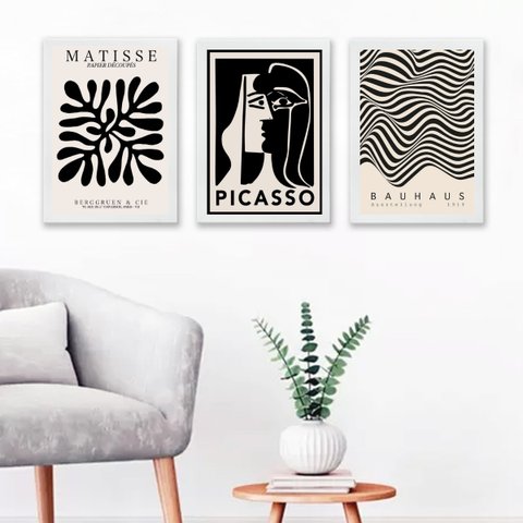 Kit 3 Quadros Artes Matisse Picasso Bauhaus 33x24cm - com Vidro:madeira Preta
