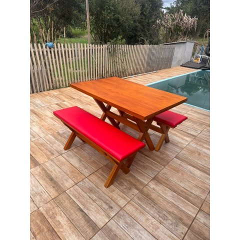 Mesa para Área Externa com 2 Bancos sem Encosto Estofado Vermelho 120x80cm Kit Churrasco Mel