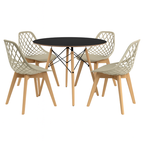 Kit Mesa Jantar Eames 90cm Preta + 4 Cadeiras Kaila Wood Fendi - La Mobilia