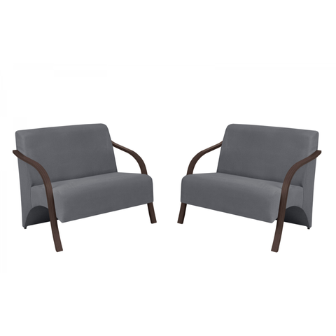 Kit 2 Poltronas Namoradeira 2 Lugares Vênus D Salla Suede Braço Madeira Cinza