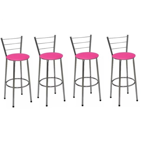 Kit 4 Banquetas Altas Cromada com Encosto Assento Rosa