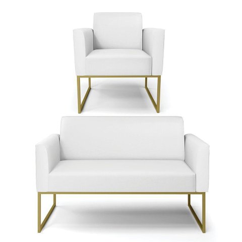Sofá Namoradeira com Poltrona Base Industrial Dourado Marisa Corino D03 - D\'rossi Cor Branco