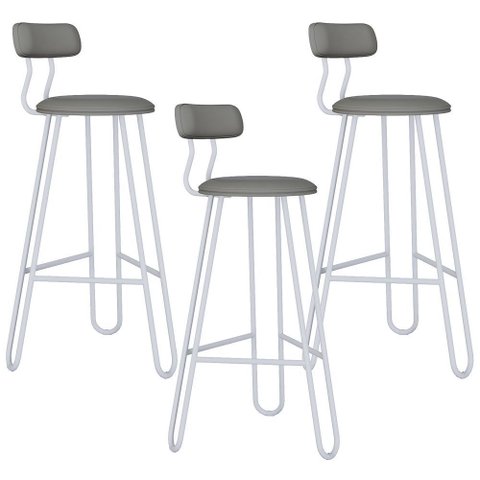 Kit 03 Banqueta Alta Bar Cozinha Sala de Jantar Áris C01 Branco Courino Cinza - Lyam Decor