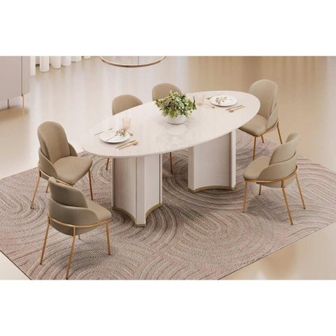 Sala de Jantar Completa Liz C/ Tampo Madeirado C/ Vidro Oval 218x108cm e 6 Cadeiras Vitta Off White