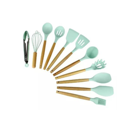 Kit 12 Utensílios de Cozinha em Silicone e Cabo de Madeira Resistente Ao Calor - Verde Claro - 4