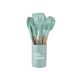 Kit 12 Utensílios de Cozinha em Silicone e Cabo de Madeira Resistente Ao Calor - Verde Claro - 1