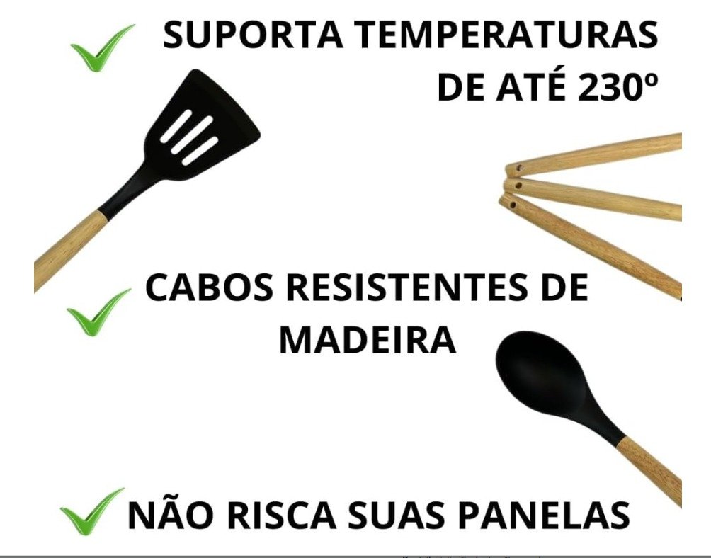 Kit 12 Utensílios de Cozinha em Silicone e Cabo de Madeira Resistente Ao Calor - Verde Claro - 9